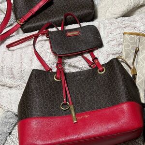 Calvin Klein Red and Brown Shoulder Bag